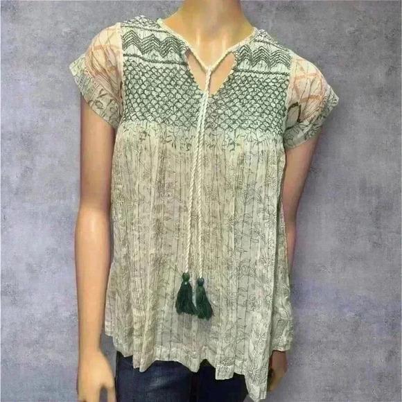 Rachel Roy women’s Boho Peasant Top with Tassel Tie Printed Cap Sleeve Blouse XS - Picture 1 of 8